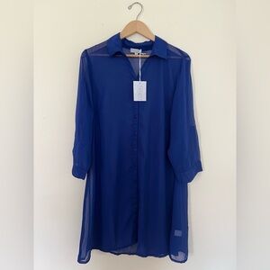 4/$25 Tamsy Women Blue Cover Up Shirt Dress Large Beachwear Button Billowy Sheer